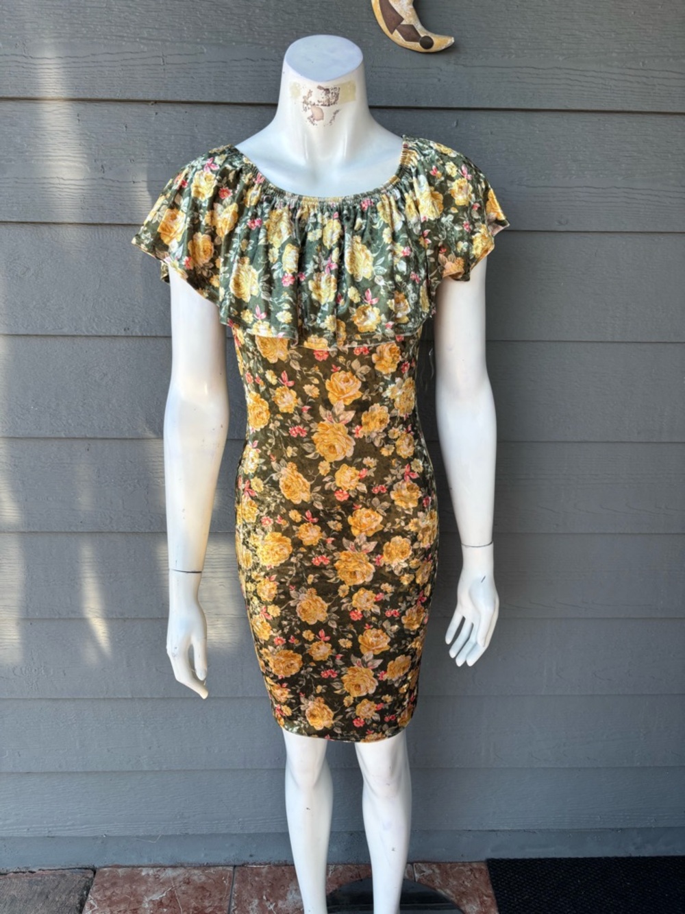 Olive Floral Ruffle Off-Shoulder Midi Dress